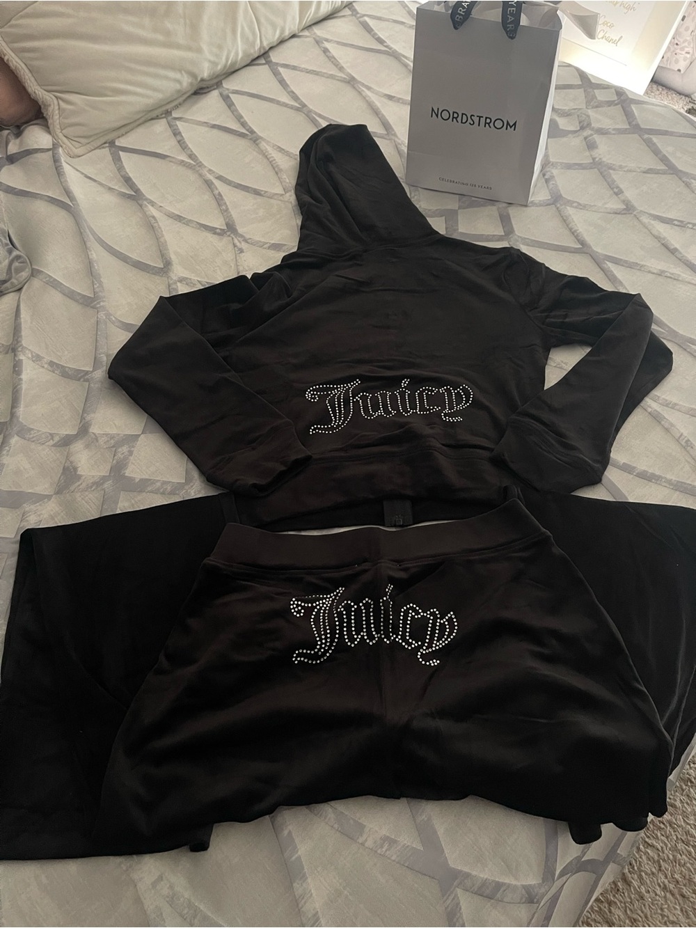 Juicy Couture Black Velour Hoodie & Pants Set with Rhinestone Juicy Logo